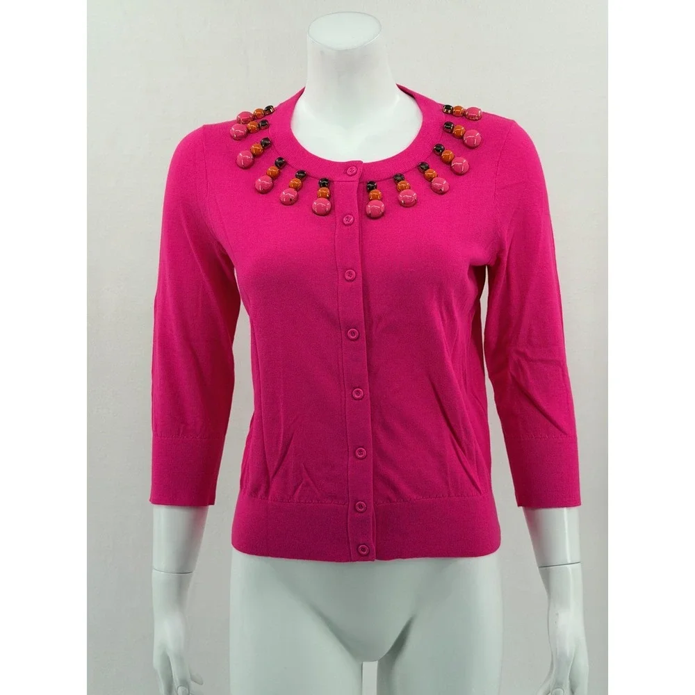 Kate Spade Sweater Women Medium Pink Rio Embellished Cardigan Chunky Bead Preppy